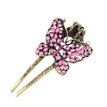 Antique Brass Rhinestone Butterfly 2-prong Hair Fork Claw